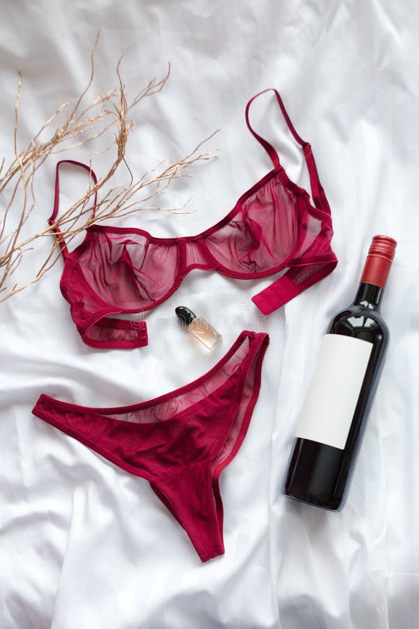 Top View Fashion Red Lace Lingerie with Bootle of Red Wine and Perfume. Set  of Woman Essential Accessory and Underwear Stock Image - Image of black,  fashion: 136715527