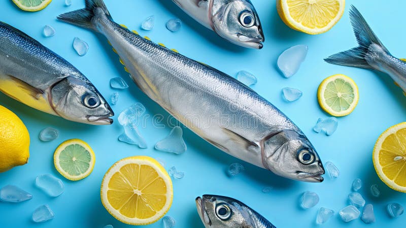 Top view of fish on a bright blue surface for wallpapers and backgrounds tile stock photography