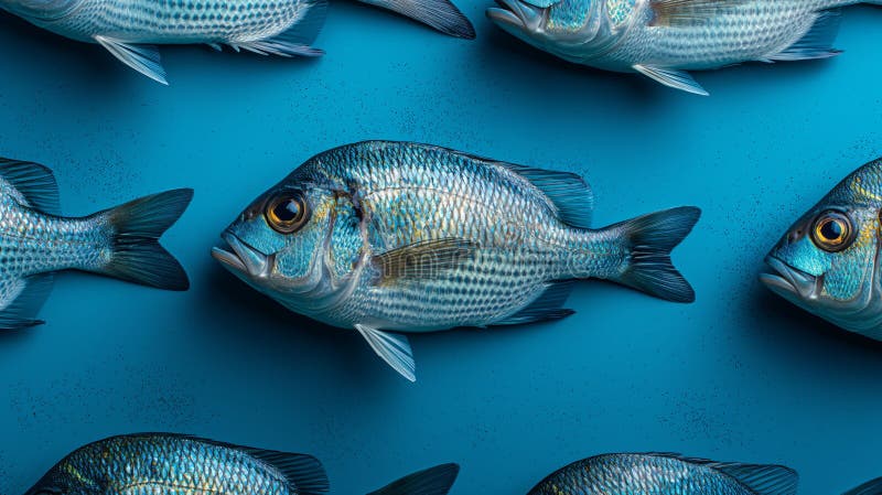 Top view of fish on a bright blue surface for wallpapers and backgrounds tile royalty free stock images