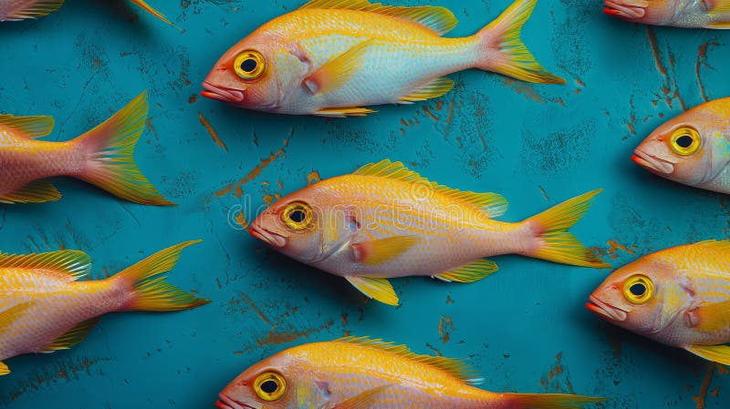 Top view of fish on a bright blue surface for wallpapers and backgrounds tile stock photo