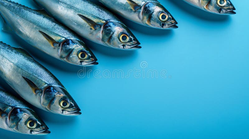 Top view of fish on a bright blue surface for wallpapers and backgrounds tile stock photos