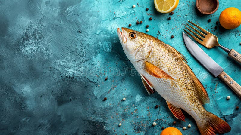 Top view of fish on a bright blue surface for wallpapers and backgrounds tile stock image