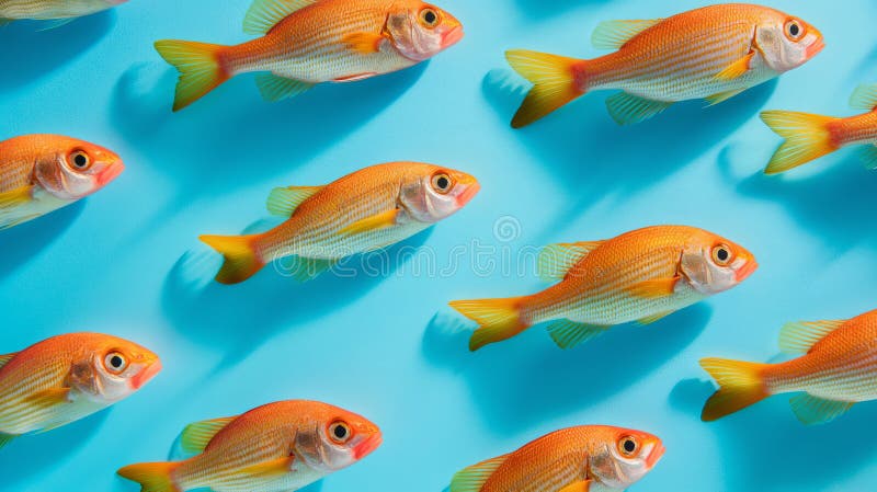 Top view of gold fish on a bright blue surface for wallpapers and backgrounds royalty free stock image