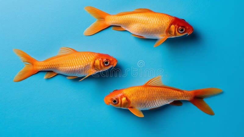 Top view of gold fish on a bright blue surface for wallpapers and backgrounds royalty free stock images