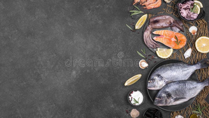 Top view fish ingredients. High quality photo stock images