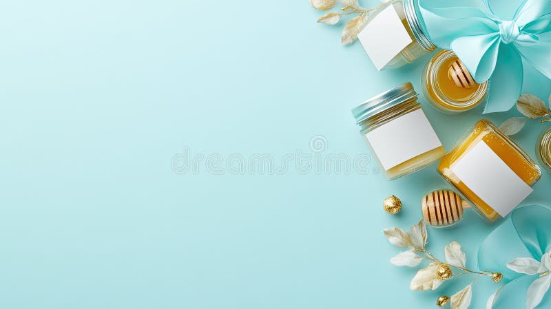 Top view of five clear jars filled with golden honey, inviting creativity with blank labels on a soft light blue royalty free stock images