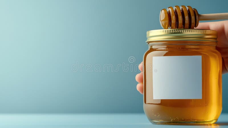 Top view of five clear jars filled with golden honey, inviting creativity with blank labels on a soft light blue royalty free stock photos