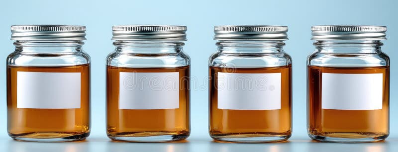 Top view of five clear jars filled with golden honey, inviting creativity with blank labels on a soft light blue stock photo