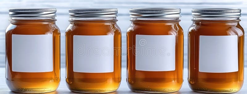 Top view of five clear jars filled with golden honey, inviting creativity with blank labels on a soft light blue stock images