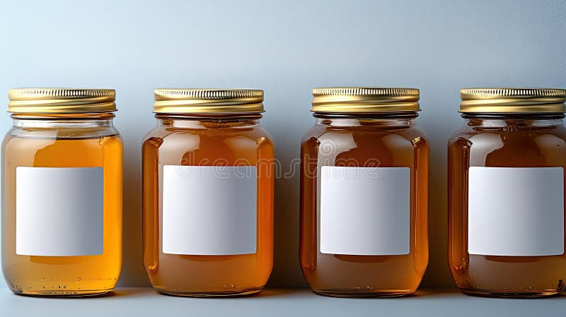 Top view of five clear jars filled with golden honey, inviting creativity with blank labels on a soft light blue stock photography