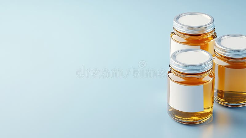 Top view of five clear jars filled with golden honey, inviting creativity with blank labels on a soft light blue royalty free stock image