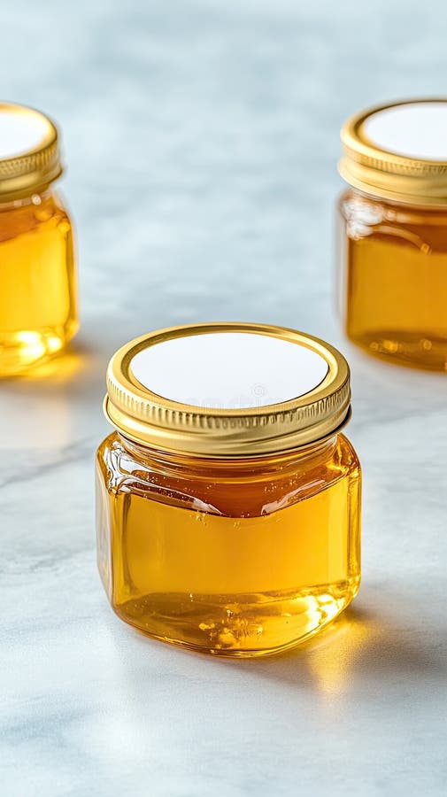 Top view of five clear jars filled with golden honey, inviting creativity with blank labels on a soft light blue stock photos