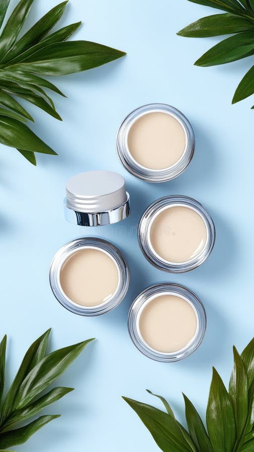 Top view of five clear jars filled with golden honey, inviting creativity with blank labels on a soft light blue royalty free stock photos