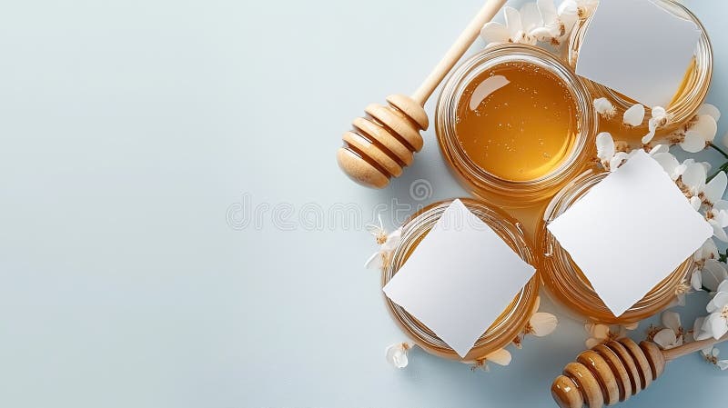 Top view of five clear jars filled with golden honey, inviting creativity with blank labels on a soft light blue royalty free stock photos