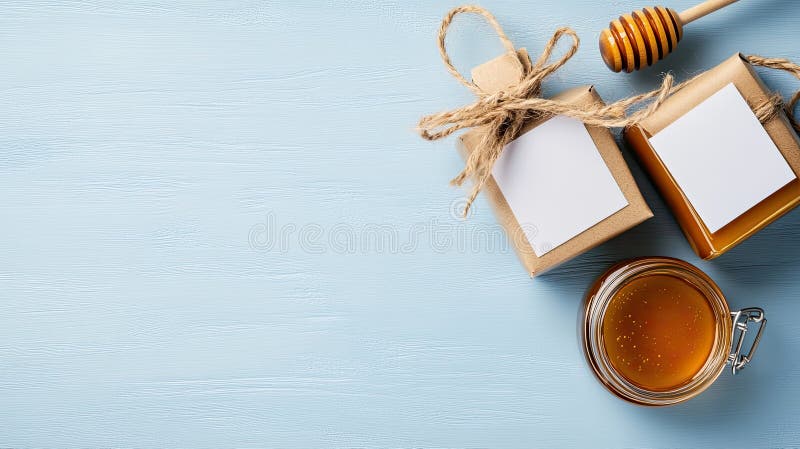 Top view of five clear jars filled with golden honey, inviting creativity with blank labels on a soft light blue stock image