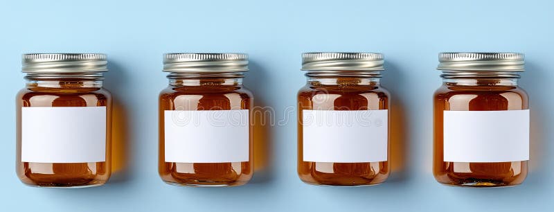 Top view of five clear jars filled with golden honey, inviting creativity with blank labels on a soft light blue stock images