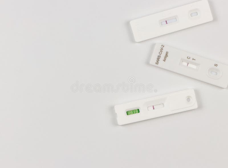 Flat Lay of Covid19 Three Negative Test Result Antigen Test Kits ATK