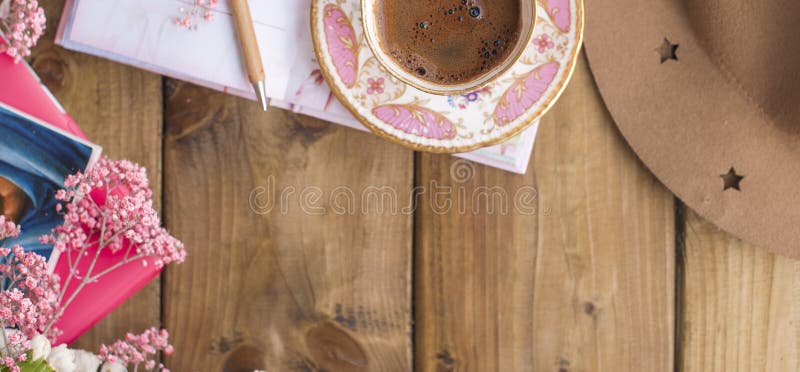 Top view or flat lay of traveling set, notebook,travel concept . Morning coffee. Banner stock image Top view or flat lay of traveling set, notebook,travel concept . Morning coffee. Banner stock image