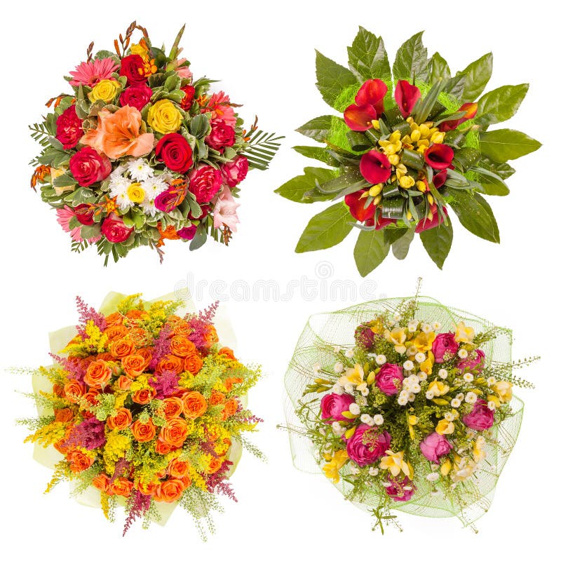Top View of Four Colorful Flower Bouquets Stock Image Image of green