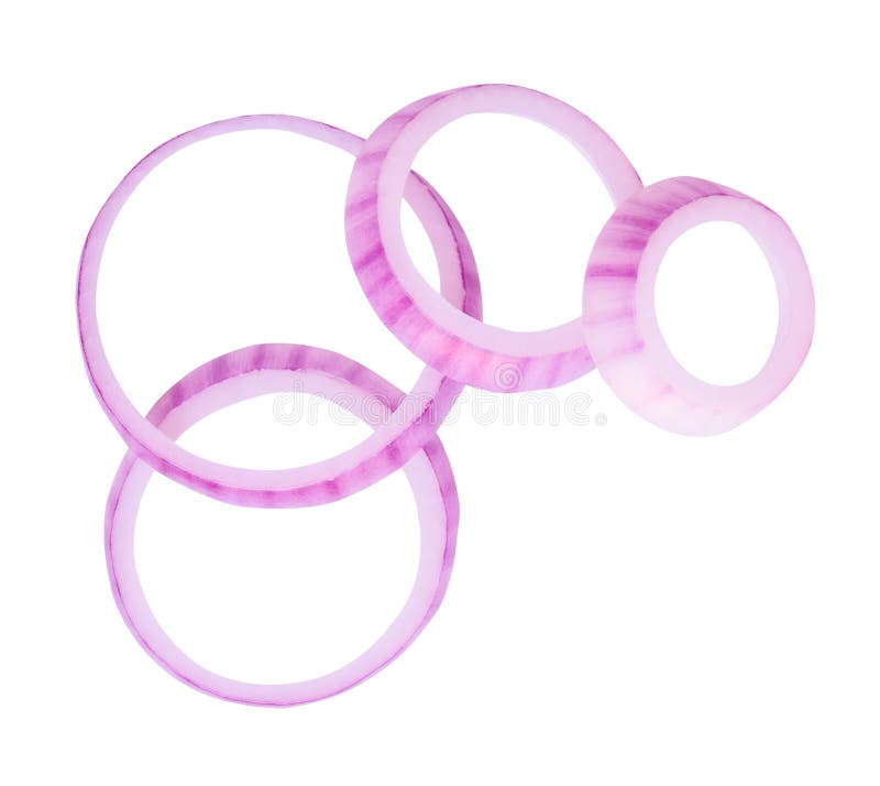 Top view of fresh red or purple Spanish onion rings or slices in stack is isolated on white background with clipping path. Circular slices stock images, royalty-free photos and pictures