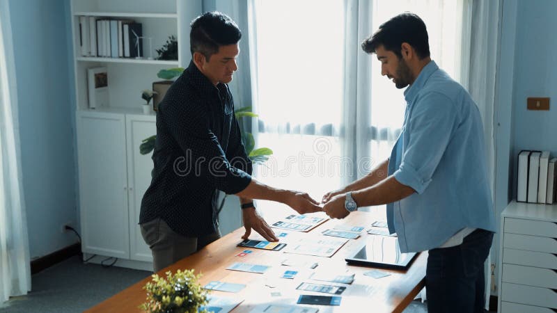 Top view of front-end developer design Ux Ui interface with team. Convocation. royalty free stock photo