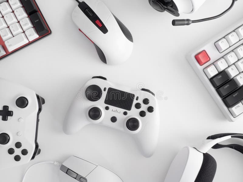 Top View a Gaming Gear, Mouse, Keyboard, Joystick and Headset. Stock