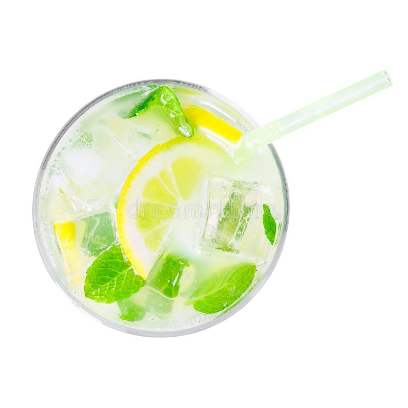 Top view of glass of cold lemonade isolated on white royalty free stock image