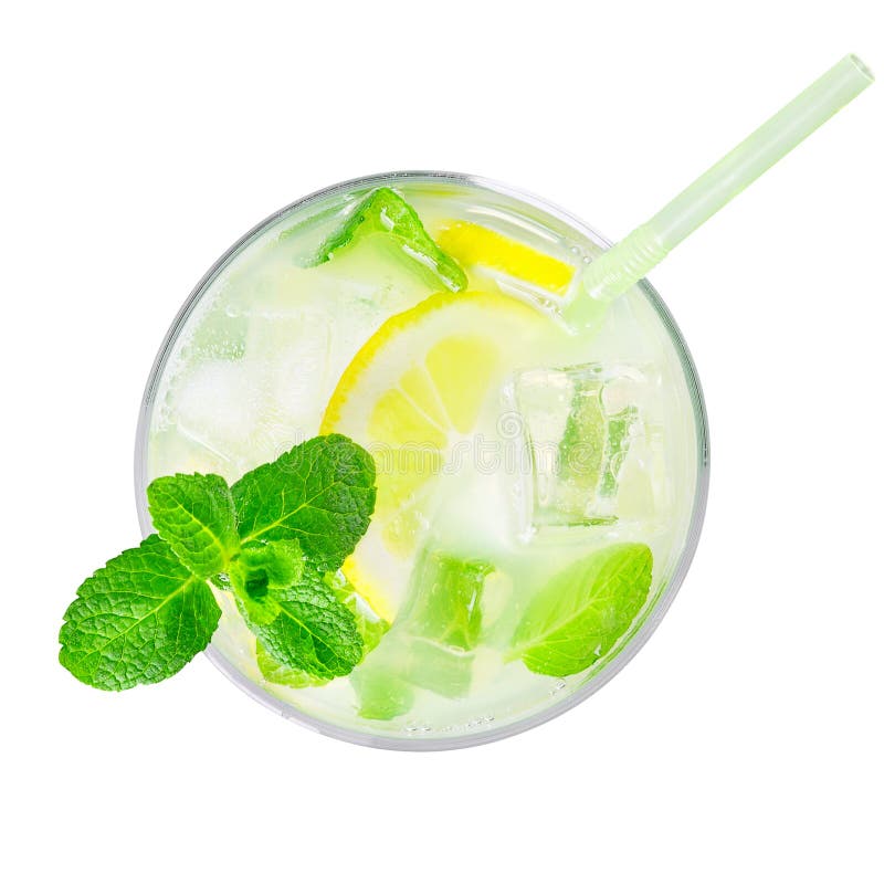 Top view of glass of cold lemonade isolated on white royalty free stock photo