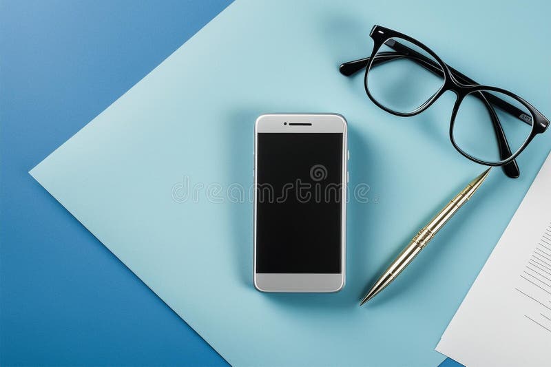Top view of glasses, ballpoint pen and smartphone with blank screen on blue background vector illustration