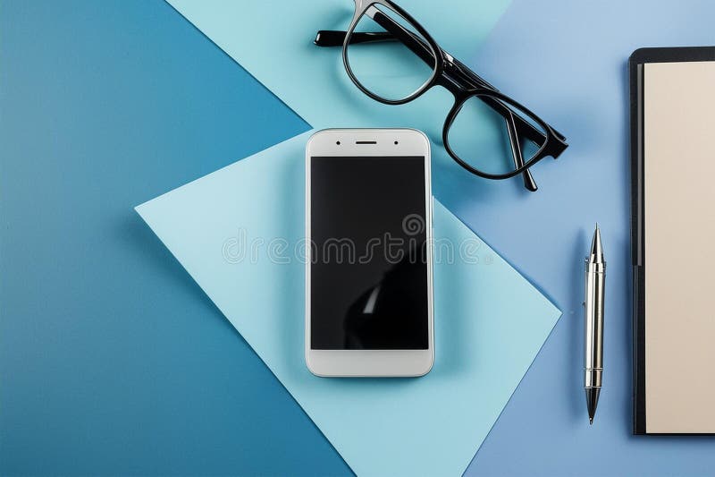 Top view of glasses, ballpoint pen and smartphone with blank screen on blue background stock illustration