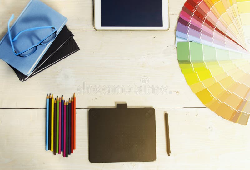 Top view Graphic designers desk stock images