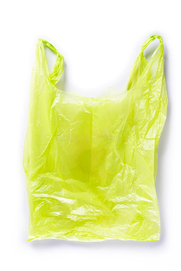 Top view of Green plastic bag on white background. Reduction of plastic bags for natural treatment. Recycle and World Environment stock photo Top view of Green plastic bag on white background. Reduction of plastic bags for natural treatment. Recycle and World Environment stock photo