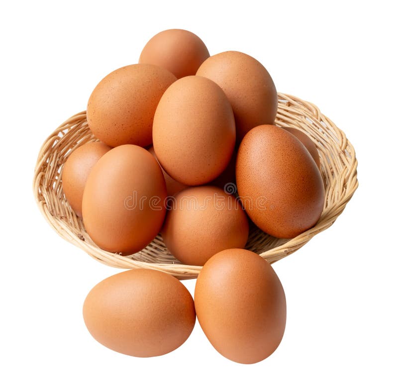 Top view of group of fresh brown chicken eggs in stack in wicker basket isolated on white background with clipping path royalty free stock images