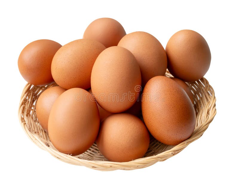 Top view of group of fresh brown chicken eggs in stack in wicker basket isolated on white background with clipping path stock photo