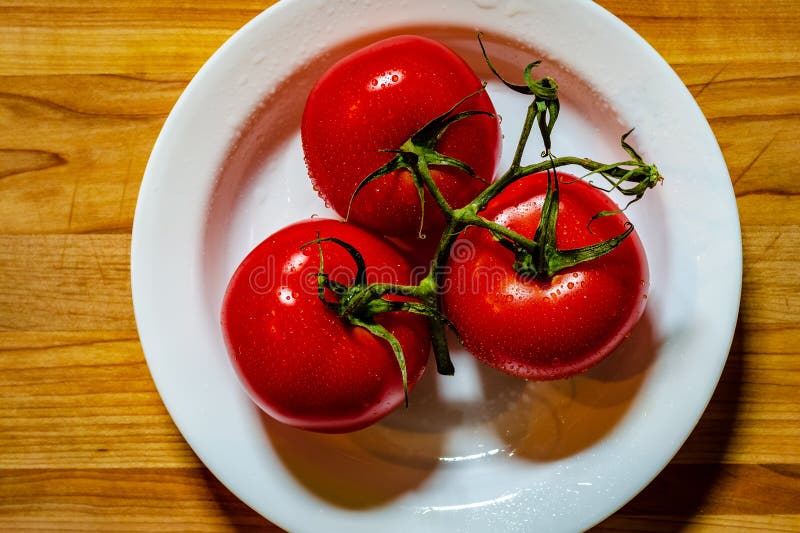 Top view of a group of three tomato\'s on the vine in a white shallow bowl royalty free stock photos