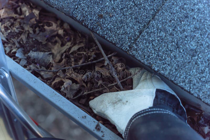 Man on Ladder Cleaning House Gutter Stock Photo - Image of cleanup ...