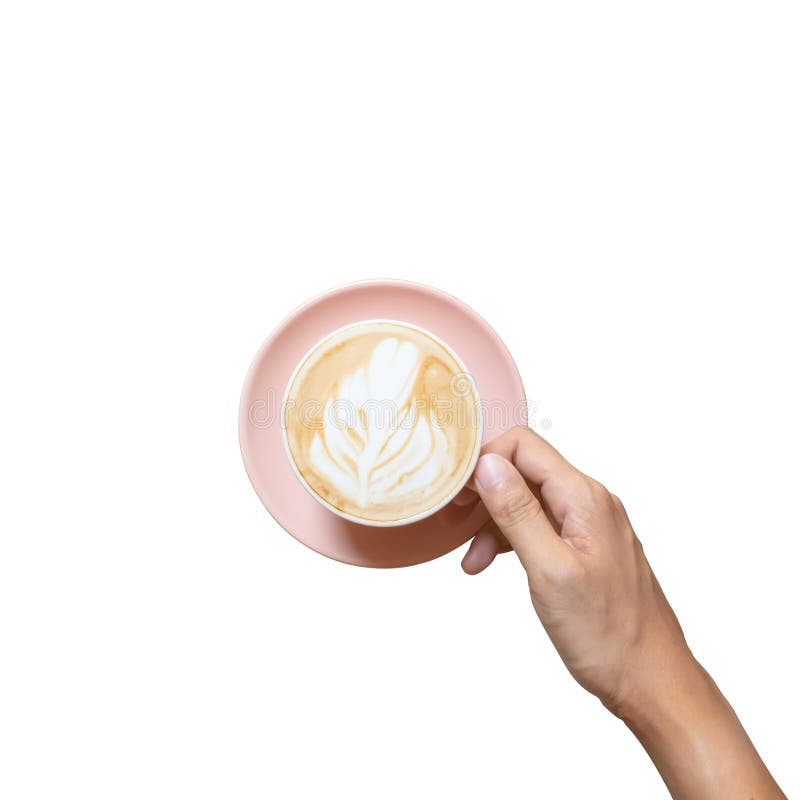 Top view. Hand holding hot coffee latte art on cup isolated white background stock images
