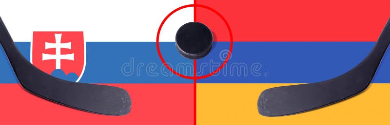 Pohľad zhora na hokejový puk s velením Slovensko vs. Arménsko s hokejkami na vlajke. Koncept hokejových súťaží