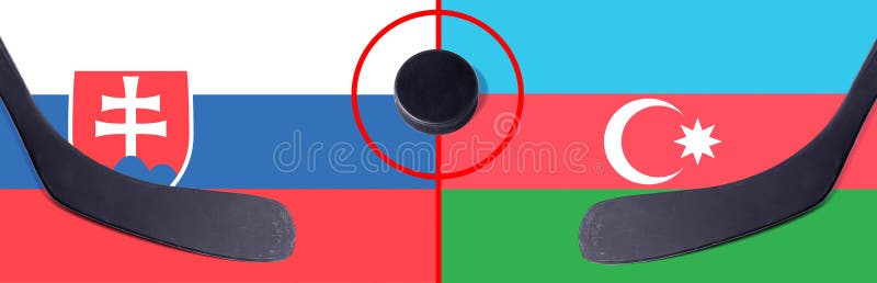 Pohľad zhora na hokejový puk s velením Slovensko vs. Azerbajdžan s hokejkami na vlajke. Koncept hokejových súťaží