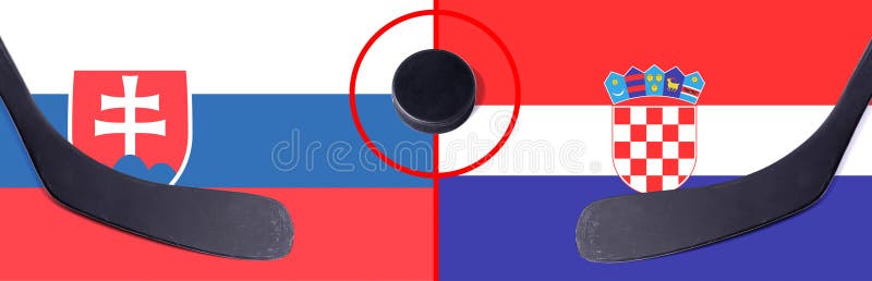 Pohled shora na hokejový puk s velením Slovensko vs. Chorvatsko s holemi na vlajce. Koncepce hokejových soutěží