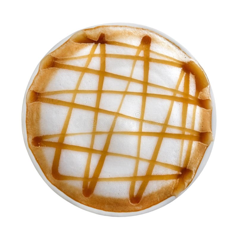 Top view of hot coffee latte art caramel macchiato isolated on white background, path