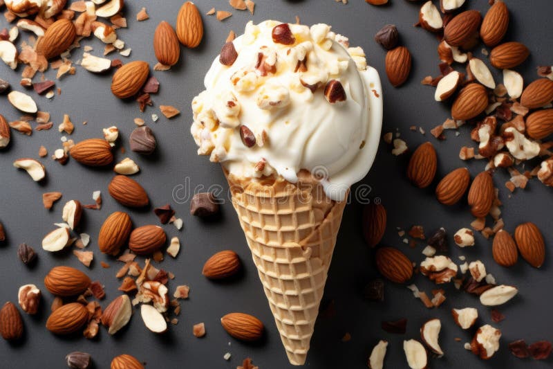 Top view of an ice cream cone with scattered nuts around it stock photography
