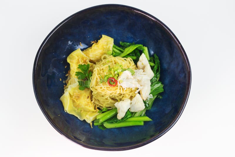 Top View Image of Dried Egg Noodle and Wonton Crab Decorated Stock