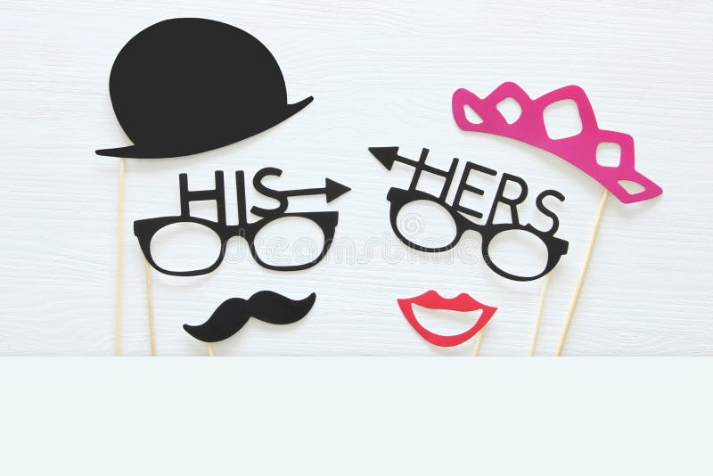 Top View Image of Funny Photo Booth Props with Text: HIS, HERS for Party or Wedding Over White Background. Stock Image - Image of fashion, facial: 124562743 Top View Image of Funny Photo Booth Props with Text: HIS, HERS for Party or Wedding Over White Background. Stock Image - Image of fashion, facial: 124562743