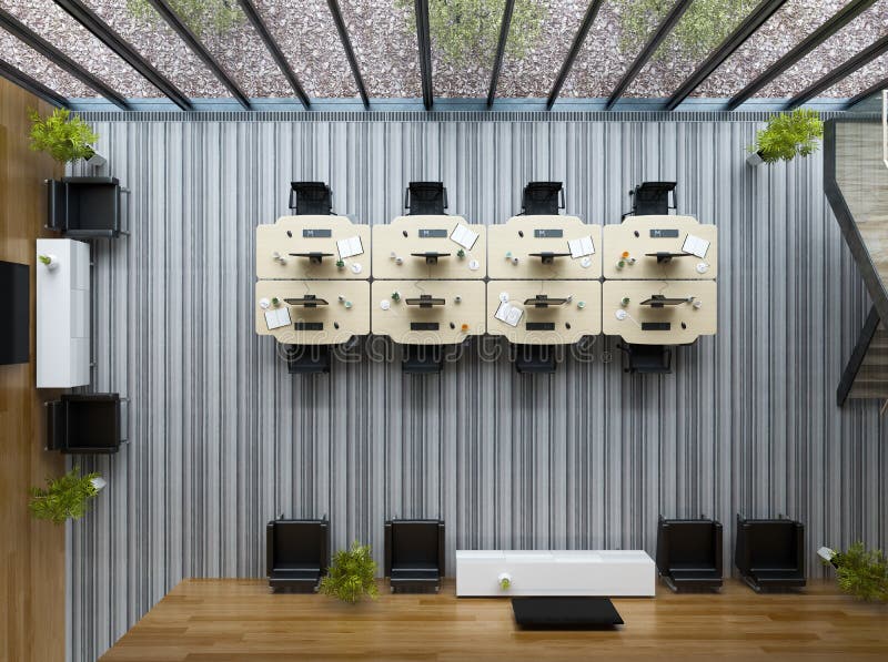 Top view Interior modern open space office 3D illustration stock illustration