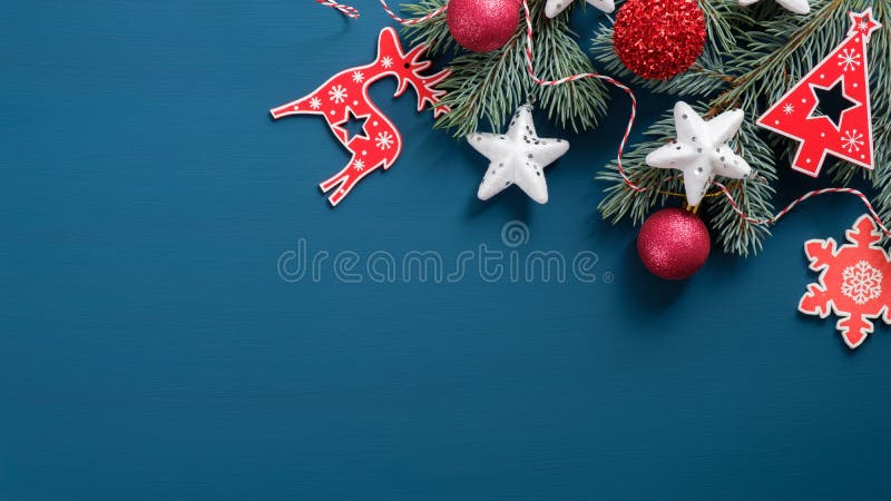 Top view kerstversieringen op blauwe achtergrond Platte, met retro gestileerde houten versieringen en dennenboomvertakking Kerstm stock fotografie Top view kerstversieringen op blauwe achtergrond Platte, met retro gestileerde houten versieringen en dennenboomvertakking Kerstm stock fotografie