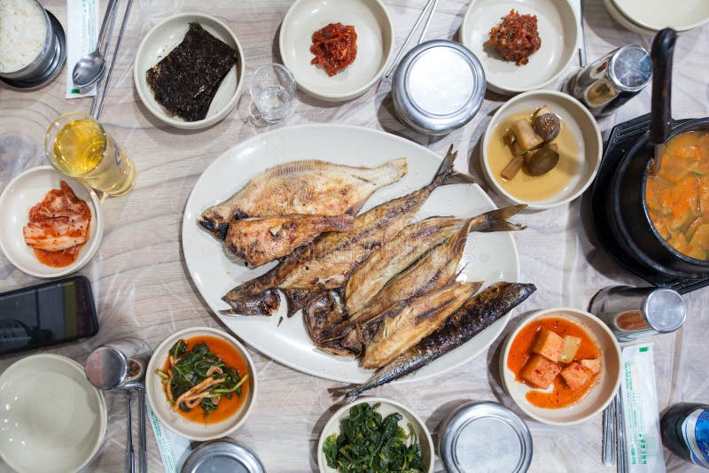 Grilled Fish Served in White Dish during Time. Stock Image - of white, korean: 148025353