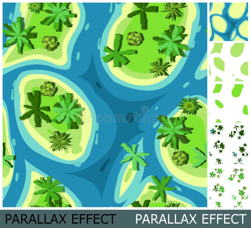 Top view of landscape from height. River and sand. Image from layers for overlay with parallax effect. Green summer vector illustration