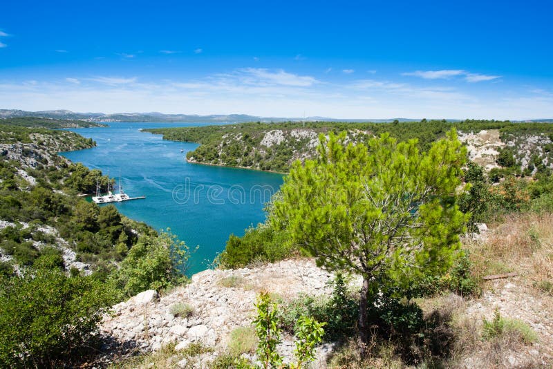 Top view landscape with mountains and river at Krka National park, Croatia. royalty free stock image