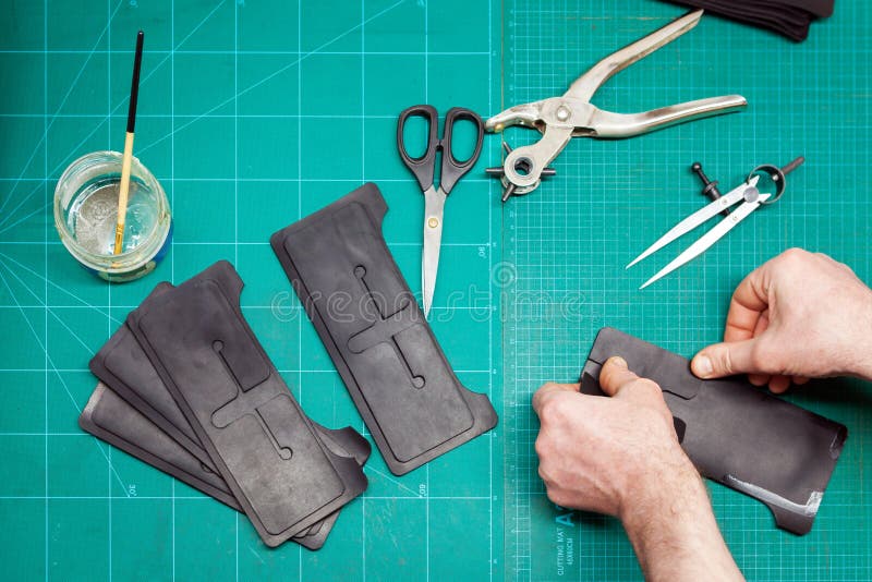 Leather Craftsman Working with Leathet Stock Image Image of black